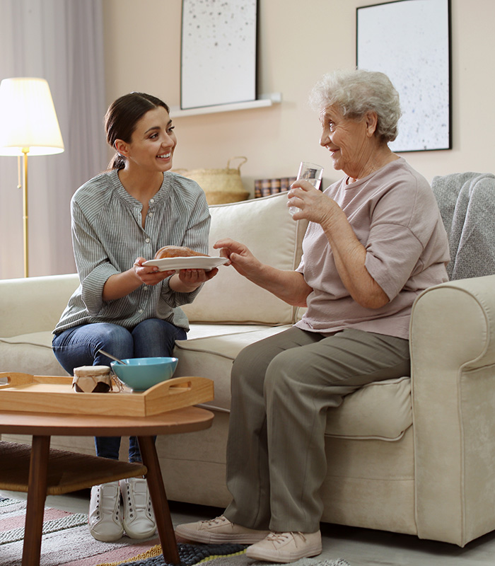 An elderly woman on her sofa with a home caregiver